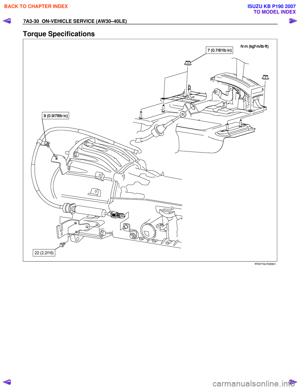 ISUZU KB P190 2007 Workshop Repair Manual 7A3-30 ON-VEHICLE SERVICE (AW30–40LE)
Torque Specifications
RTW 77ALF000501
BACK TO CHAPTER INDEX
TO MODEL INDEX
ISUZU KB P190 2007 ISUZU KB P190 2007 Workshop Repair Manual 7A3-30 ON-VEHICLE SERVICE (AW30–40LE)
Torque Specifications
RTW 77ALF000501
BACK TO CHAPTER INDEX
TO MODEL INDEX
ISUZU KB P190 2007