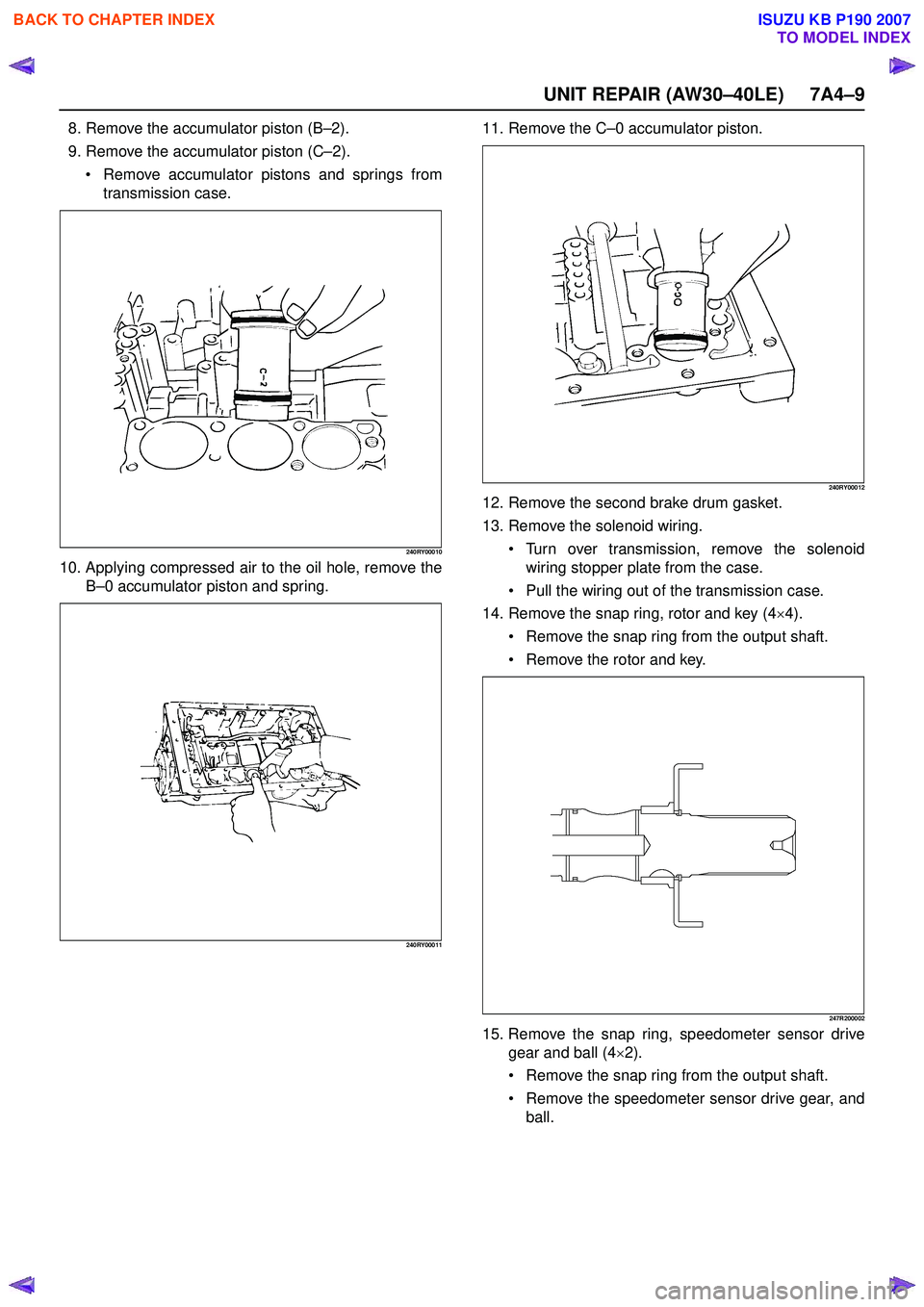 ISUZU KB P190 2007  Workshop Owners Guide UNIT REPAIR (AW30–40LE) 7A4–9
8. Remove the accumulator piston (B–2).
9. Remove the accumulator piston (C –2).
 Remove accumulator pistons and springs from 
transmission case.
240RY00010
10. 