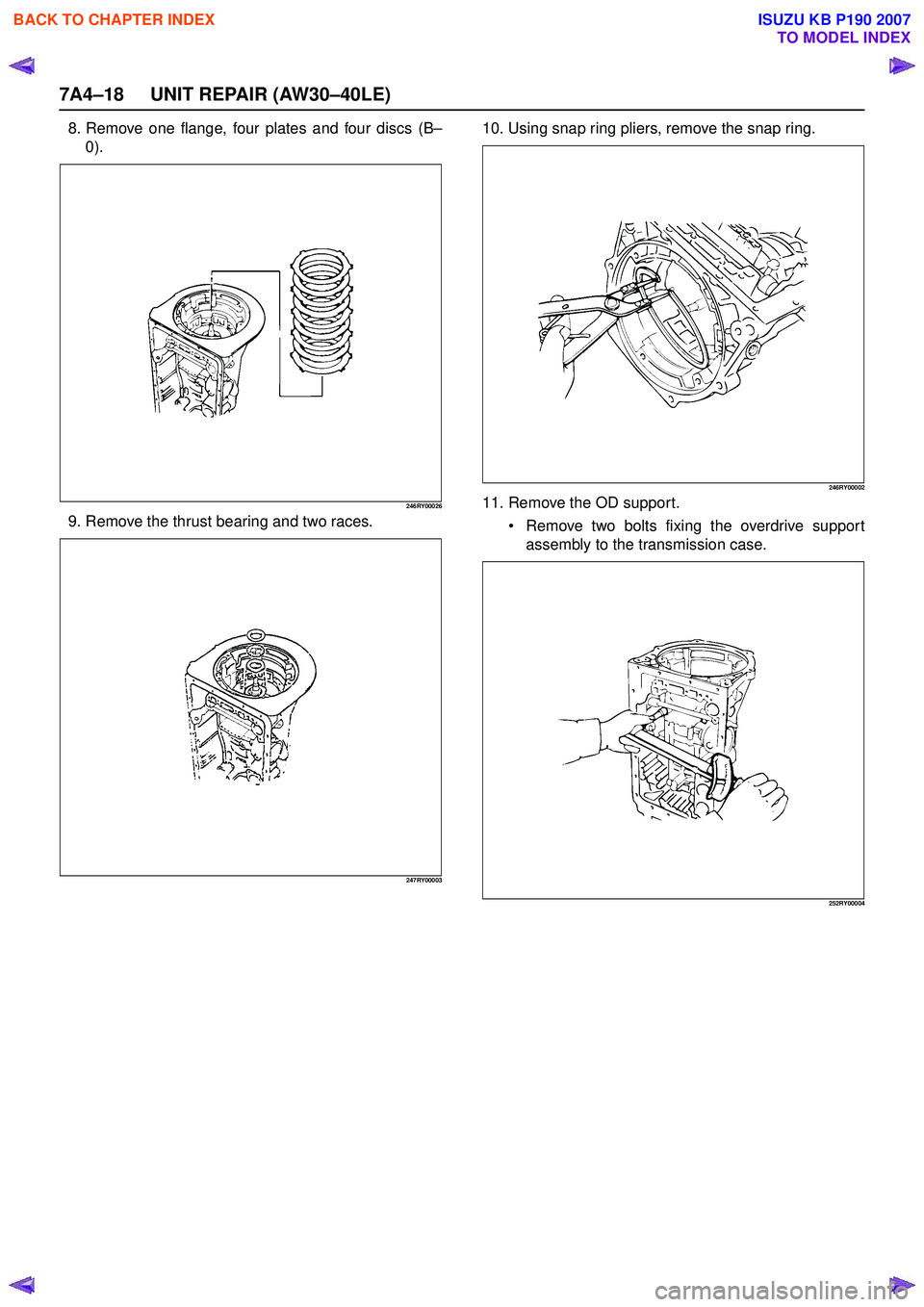 ISUZU KB P190 2007  Workshop Repair Manual 7A4–18 UNIT REPAIR (AW30–40LE)
8. Remove one flange, four plates and four discs (B–
0).
246RY00026
9. Remove the thrust bearing and two races.
247RY00003
10. Using snap ring pliers, remove the s