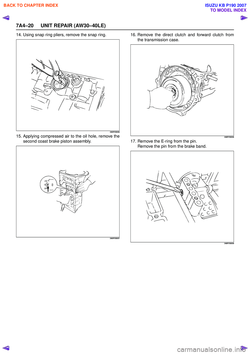 ISUZU KB P190 2007  Workshop Repair Manual 7A4–20 UNIT REPAIR (AW30–40LE)
14. Using snap ring pliers, remove the snap ring.
248RY00006
15. Applying compressed air to the oil hole, remove thesecond coast brake piston assembly.
248RY00007
16