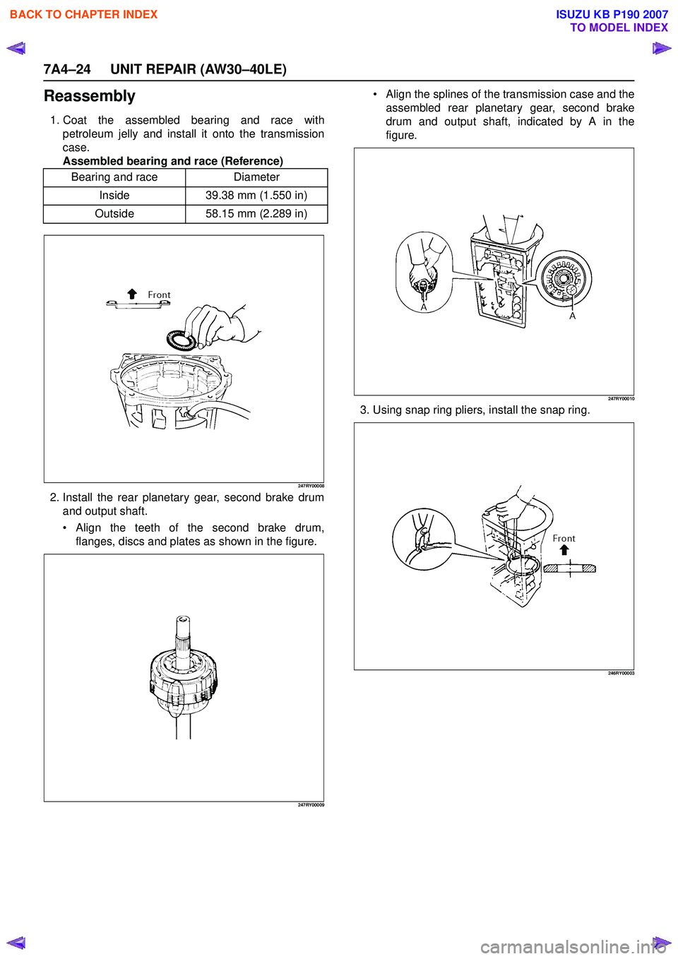ISUZU KB P190 2007  Workshop Repair Manual 7A4–24 UNIT REPAIR (AW30–40LE)
Reassembly
1. Coat the assembled bearing and race withpetroleum jelly and install it onto the transmission 
case.
Assembled bearing and race (Reference)
247RY00008
2