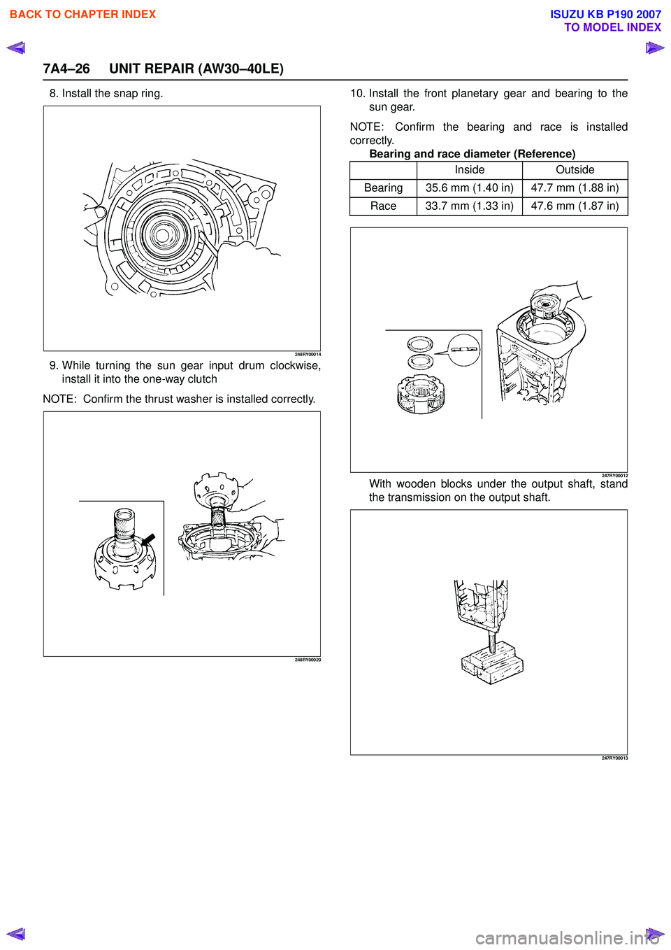 ISUZU KB P190 2007  Workshop Repair Manual 7A4–26 UNIT REPAIR (AW30–40LE)
8. Install the snap ring.
248RY00014
9. While turning the sun gear input drum clockwise,install it into the one-way clutch
NOTE:  Confirm the thrust washer is instal