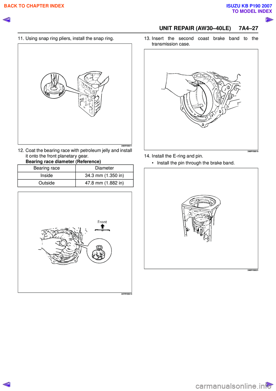ISUZU KB P190 2007  Workshop Repair Manual UNIT REPAIR (AW30–40LE) 7A4–27
11. Using snap ring pliers, install the snap ring.
248RY00011
12. Coat the bearing race with petroleum jelly and installit onto the front planetary gear. 
Bearing ra