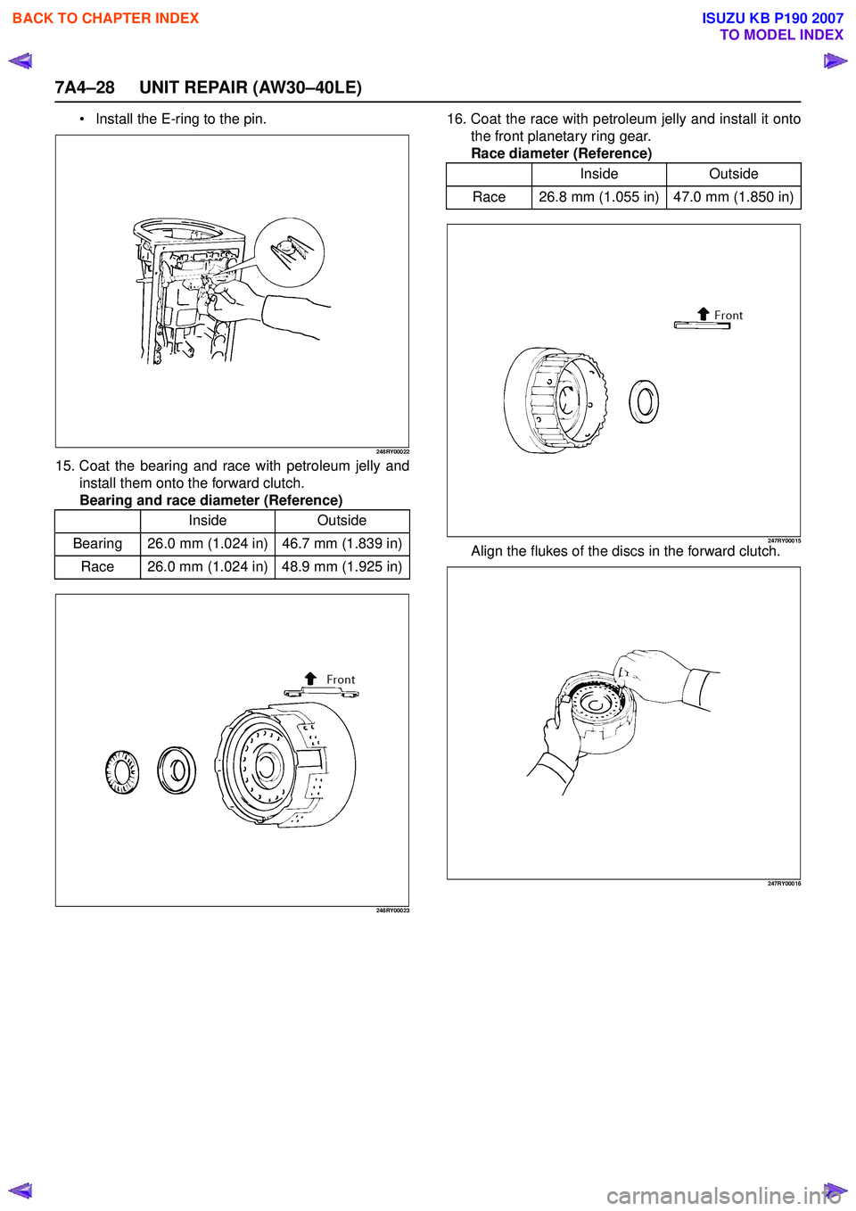 ISUZU KB P190 2007  Workshop Repair Manual 7A4–28 UNIT REPAIR (AW30–40LE)
Install the E-ring to the pin.
248RY00022
15. Coat the bearing and race with petroleum jelly and
install them onto the forward clutch. 
Bearing and race diameter (R