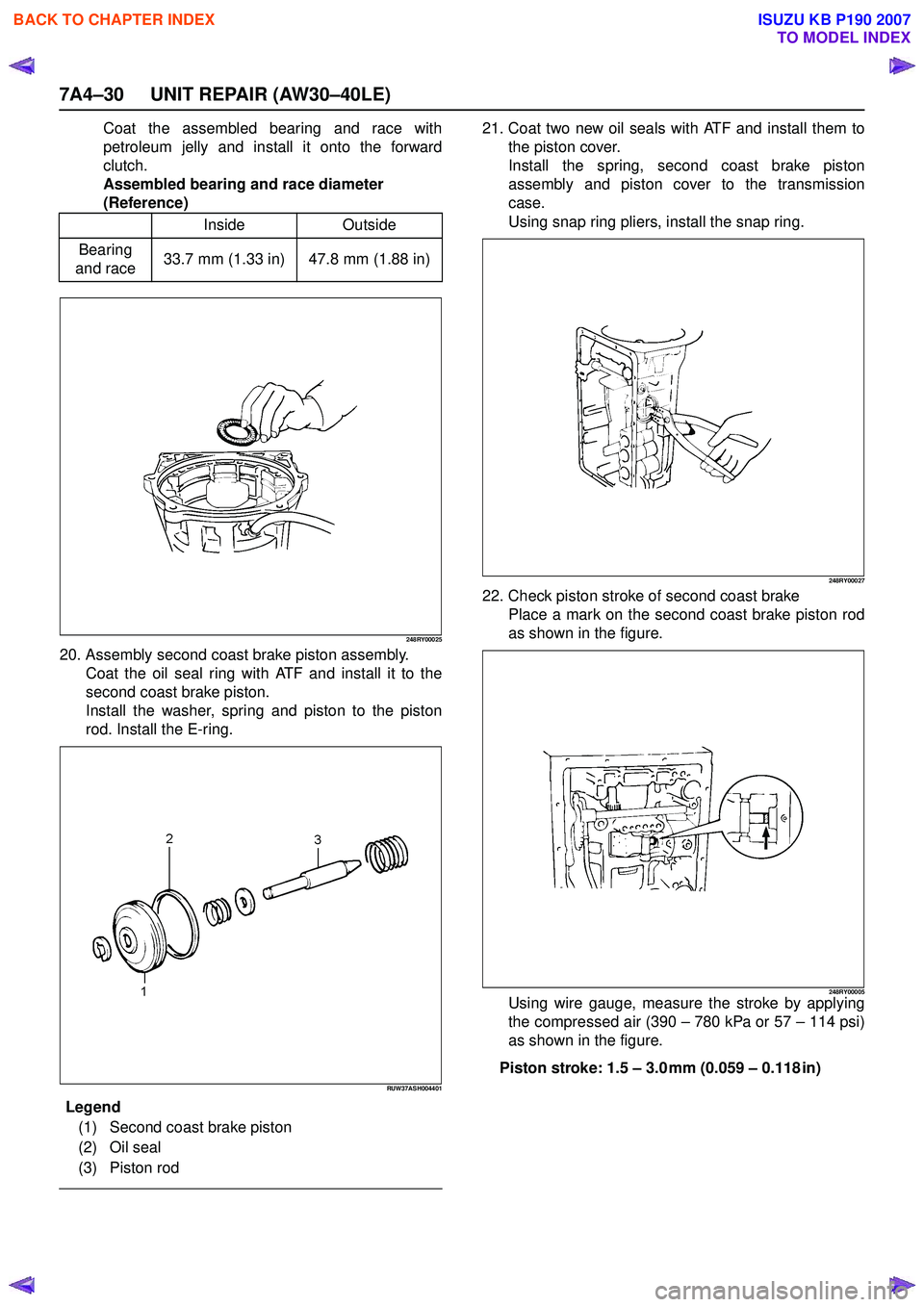 ISUZU KB P190 2007  Workshop Repair Manual 7A4–30 UNIT REPAIR (AW30–40LE)
Coat the assembled bearing and race with 
petroleum jelly and install it onto the forward
clutch.
Assembled bearing and race diameter 
(Reference)
248RY00025
20. Ass