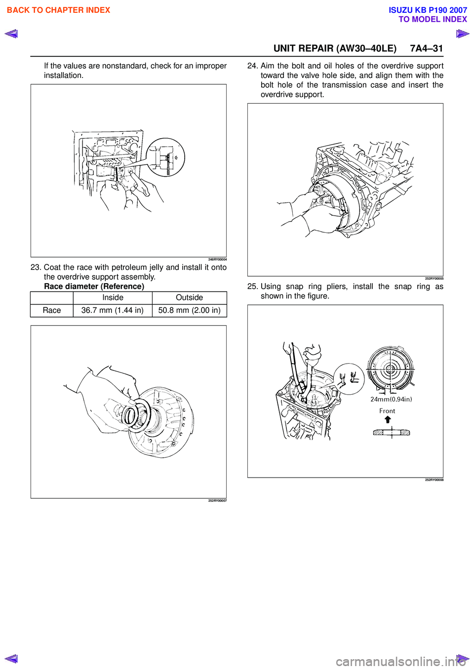 ISUZU KB P190 2007  Workshop Repair Manual UNIT REPAIR (AW30–40LE) 7A4–31
If the values are nonstandard, check for an improper 
installation.
248RY00004
23. Coat the race with petroleum jelly and install it onto the overdrive support assem