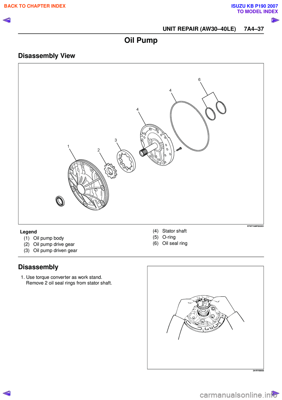 ISUZU KB P190 2007 Workshop Repair Manual UNIT REPAIR (AW30–40LE) 7A4–37
Oil Pump
Disassembly View
RTW77AMF000201
EndOFCallout
Disassembly
1. Use torque converter as work stand.Remove 2 oil seal rings from stator shaft.
241RY00005
Legend
ISUZU KB P190 2007 Workshop Repair Manual UNIT REPAIR (AW30–40LE) 7A4–37
Oil Pump
Disassembly View
RTW77AMF000201
EndOFCallout
Disassembly
1. Use torque converter as work stand.Remove 2 oil seal rings from stator shaft.
241RY00005
Legend