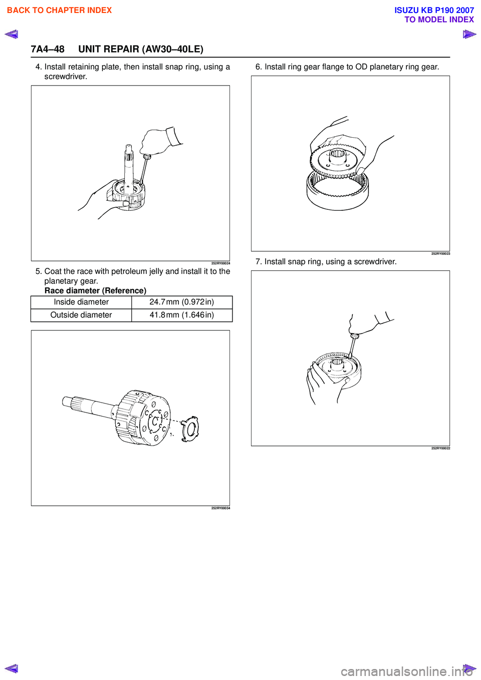 ISUZU KB P190 2007  Workshop Repair Manual 7A4–48 UNIT REPAIR (AW30–40LE)
4. Install retaining plate, then install snap ring, using ascrewdriver.
252RY00024
5. Coat the race with petroleum jelly and install it to theplanetary gear. 
Race d