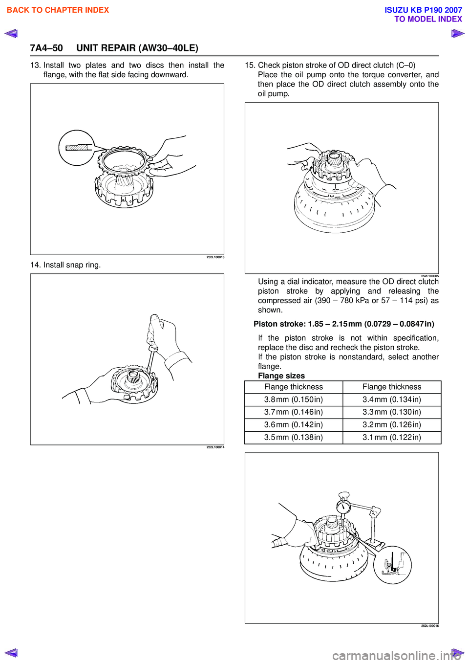 ISUZU KB P190 2007  Workshop Repair Manual 7A4–50 UNIT REPAIR (AW30–40LE)
13. Install two plates and two discs then install theflange, with the flat side facing downward.
252L100013
14. Install snap ring.
252L100014
15. Check piston stroke