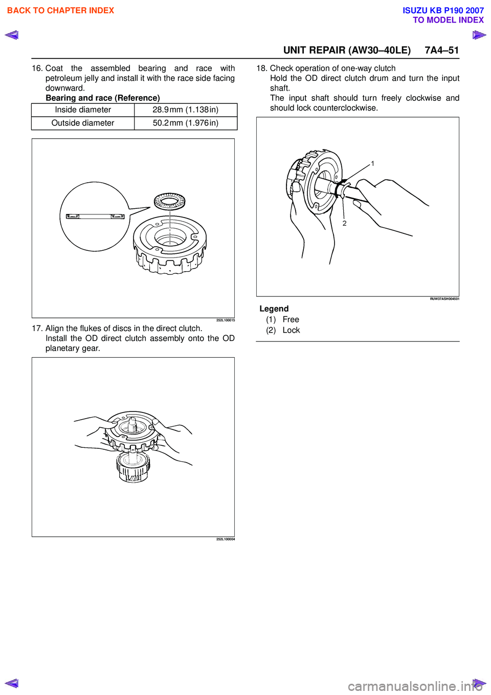 ISUZU KB P190 2007  Workshop Repair Manual UNIT REPAIR (AW30–40LE) 7A4–51
16. Coat the assembled bearing and race withpetroleum jelly and install it with the race side facing 
downward.
Bearing and race (Reference)
252L100015
17. Align the