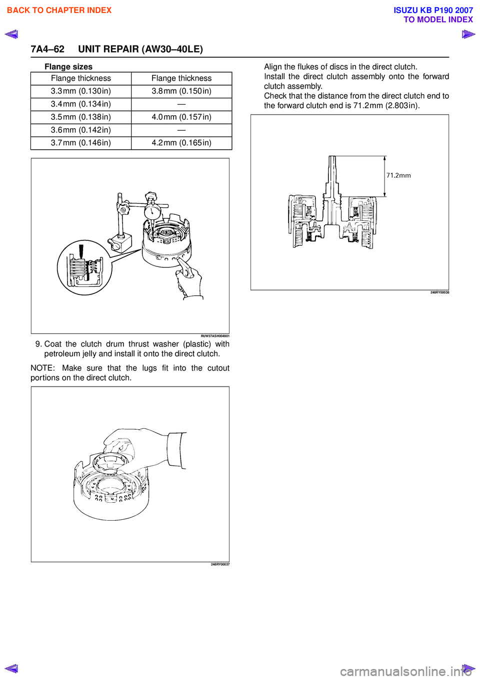 ISUZU KB P190 2007  Workshop Repair Manual 7A4–62 UNIT REPAIR (AW30–40LE)
Flange sizes
RUW37ASH004901
9. Coat the clutch drum thrust washer (plastic) withpetroleum jelly and install it onto the direct clutch.
NOTE:  Make sure that the lugs
