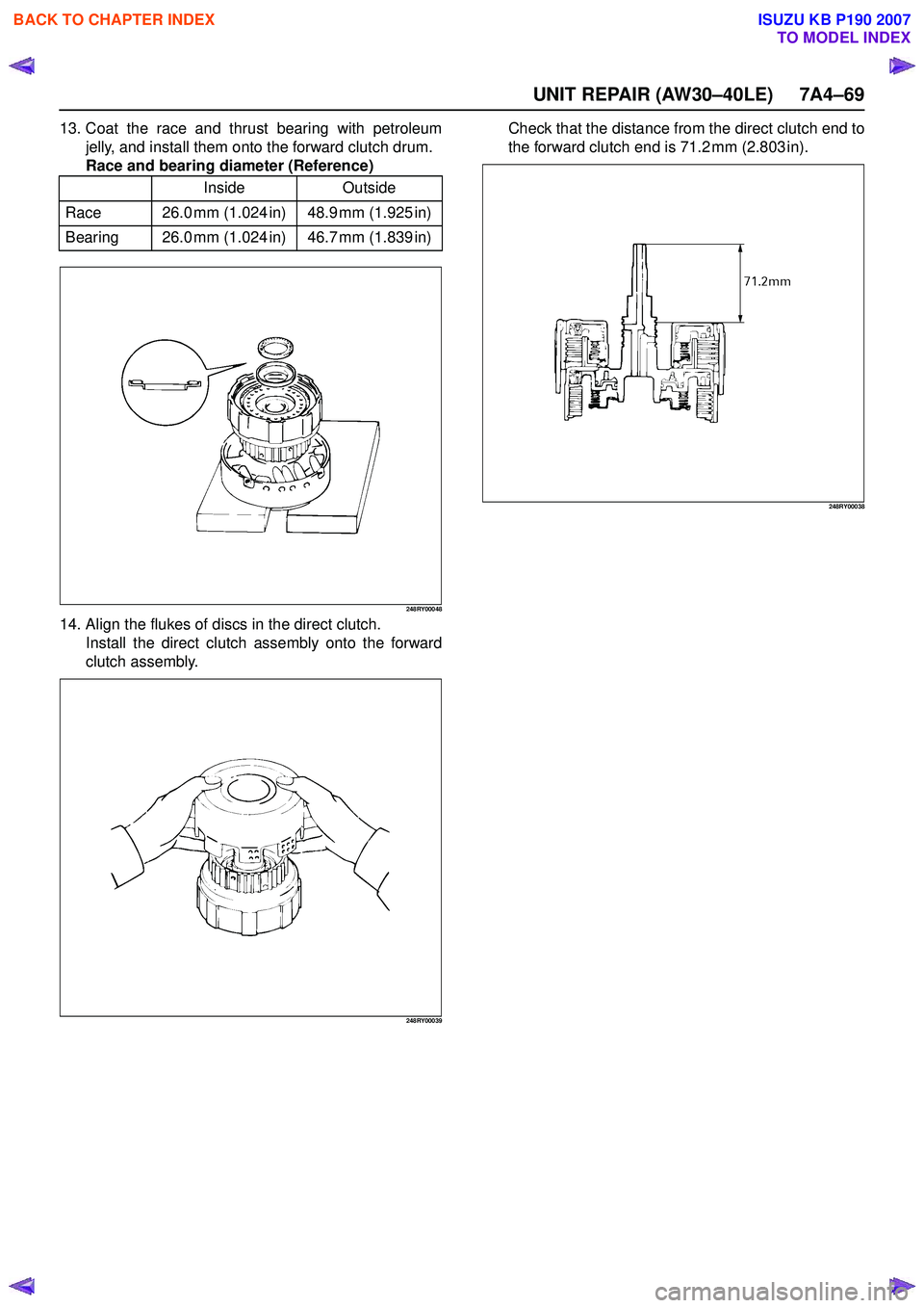 ISUZU KB P190 2007  Workshop Repair Manual UNIT REPAIR (AW30–40LE) 7A4–69
13. Coat the race and thrust bearing with petroleumjelly, and install them onto the forward clutch drum. 
Race and bearing diameter (Reference)
248RY00048
14. Align 