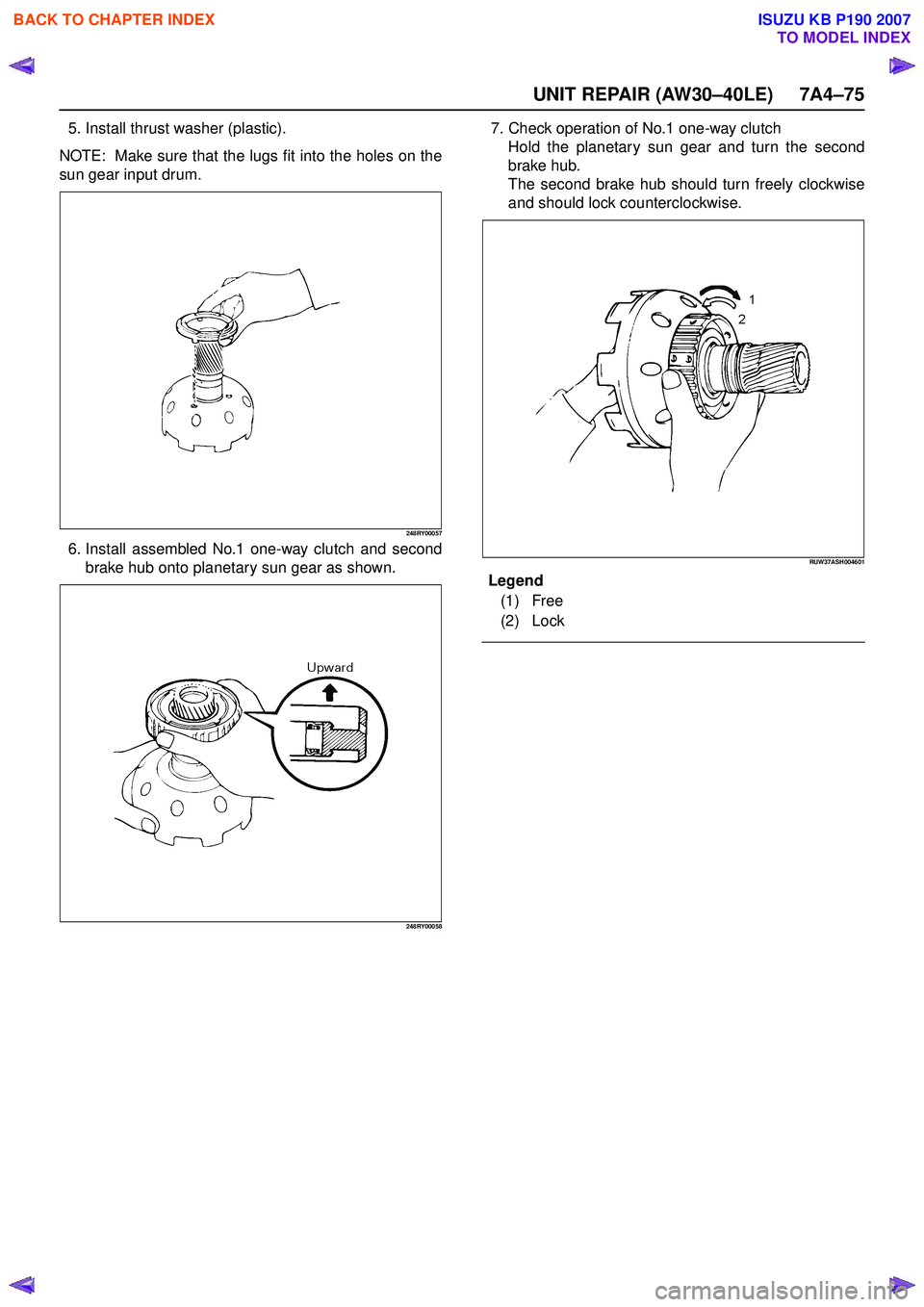 ISUZU KB P190 2007  Workshop Repair Manual UNIT REPAIR (AW30–40LE) 7A4–75
5. Install thrust washer (plastic).
NOTE:  Make sure that the lugs fit into the holes on the 
sun gear input drum.
248RY00057
6. Install assembled No.1 one-way clutc