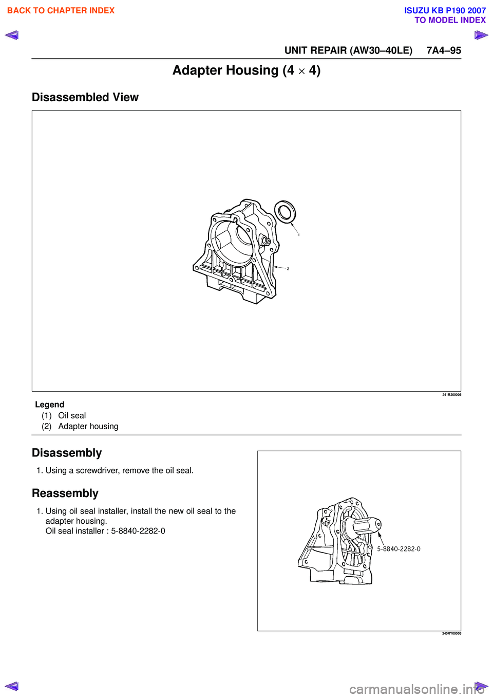 ISUZU KB P190 2007  Workshop Repair Manual UNIT REPAIR (AW30–40LE) 7A4–95
Adapter Housing (4 × 4)
Disassembled View
241R200005
EndOFCallout
Disassembly
1. Using a screwdriver, remove the oil seal.
Reassembly
1. Using oil seal installer, i