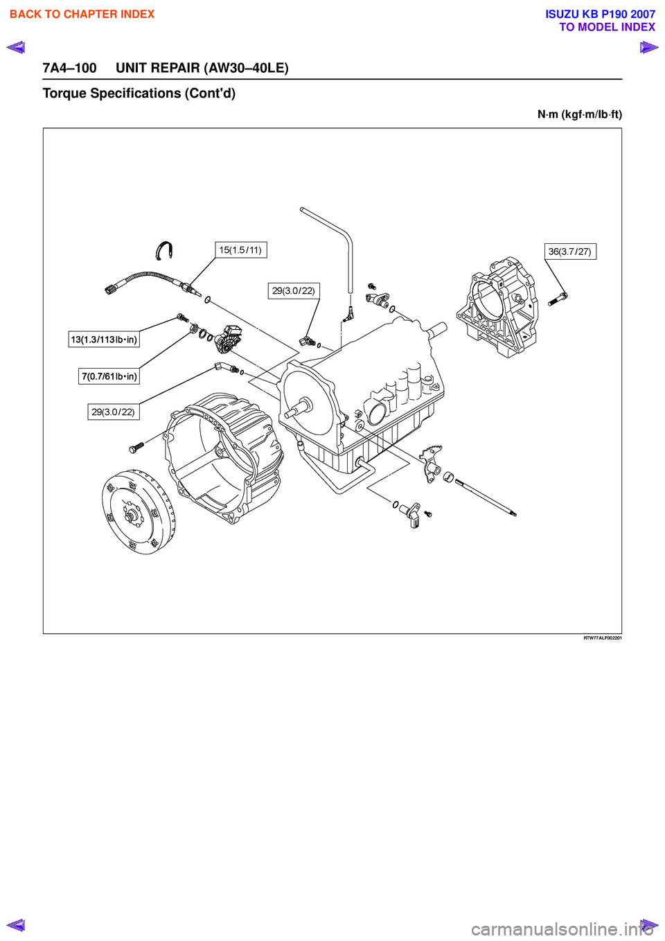 ISUZU KB P190 2007 Workshop Repair Manual 7A4–100 UNIT REPAIR (AW30–40LE)
Torque Specifications (Contd)
N·m (kgf ·m/Ib ·ft)
RTW77ALF002201
BACK TO CHAPTER INDEX
TO MODEL INDEX
ISUZU KB P190 2007 ISUZU KB P190 2007 Workshop Repair Manual 7A4–100 UNIT REPAIR (AW30–40LE)
Torque Specifications (Contd)
N·m (kgf ·m/Ib ·ft)
RTW77ALF002201
BACK TO CHAPTER INDEX
TO MODEL INDEX
ISUZU KB P190 2007