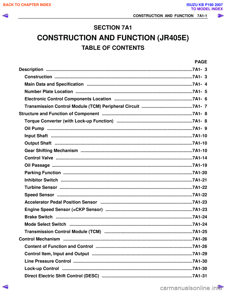ISUZU KB P190 2007 Workshop Repair Manual CONSTRUCTION AND FUNCTION 7A1-1
SECTION 7A1
CONSTRUCTION AND FUNCTION (JR405E)
TABLE OF CONTENTS
PAGE
Description ............................................................................. ISUZU KB P190 2007 Workshop Repair Manual CONSTRUCTION AND FUNCTION 7A1-1
SECTION 7A1
CONSTRUCTION AND FUNCTION (JR405E)
TABLE OF CONTENTS
PAGE
Description .............................................................................