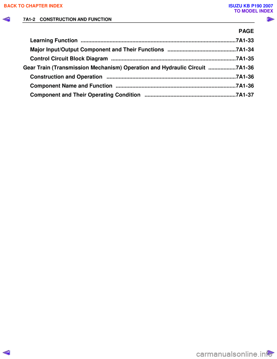 ISUZU KB P190 2007 Workshop Repair Manual 7A1-2 CONSTRUCTION AND FUNCTION
PAGE
Learning Function ......................................................................................................7A1- 33
Major Input/Output Component ISUZU KB P190 2007 Workshop Repair Manual 7A1-2 CONSTRUCTION AND FUNCTION
PAGE
Learning Function ......................................................................................................7A1- 33
Major Input/Output Component