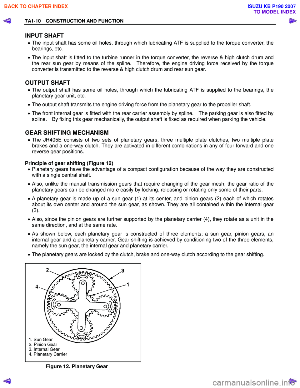 ISUZU KB P190 2007  Workshop Repair Manual 7A1-10  CONSTRUCTION AND FUNCTION 
INPUT SHAFT 
• The input shaft has some oil holes, through which lubricating ATF is supplied to the torque converter, the 
bearings, etc. 
•  The input shaft is 