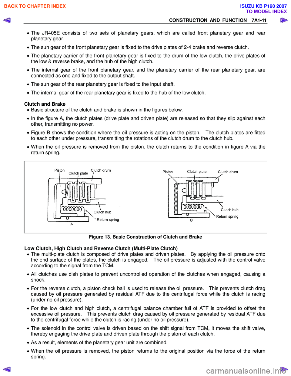 ISUZU KB P190 2007  Workshop Repair Manual CONSTRUCTION AND FUNCTION  7A1-11 
 
• The JR405E consists of two sets of planetary gears, which are called front planetary gear and rear 
planetary gear. 
•   The sun gear of the front planetary 