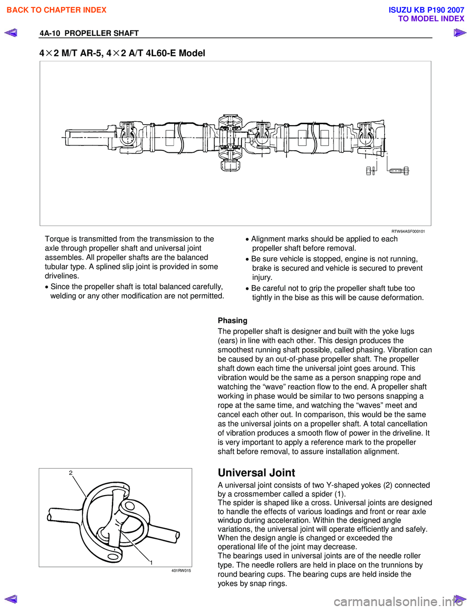 ISUZU KB P190 2007  Workshop Repair Manual 4A-10  PROPELLER SHAFT 
4×
×× 
×
2 M/T AR-5, 4 ×
××
×
2 A/T 4L60-E Model  
   
  
  
 
  
 
 
 RTW 64ASF000101 
Torque is transmitted from the transmission to the  
axle through propeller shaf