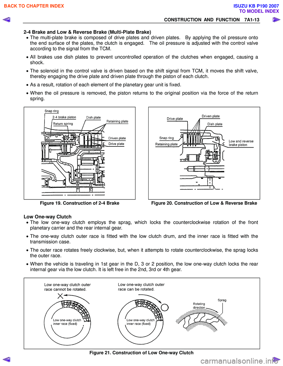 ISUZU KB P190 2007 Workshop Repair Manual CONSTRUCTION AND FUNCTION 7A1-13
2-4 Brake and Low & Reverse Brake (Multi-Plate Brake) • The multi-plate brake is composed of drive plates and driven plates. By applying the oil pressure onto ISUZU KB P190 2007 Workshop Repair Manual CONSTRUCTION AND FUNCTION 7A1-13
2-4 Brake and Low & Reverse Brake (Multi-Plate Brake) • The multi-plate brake is composed of drive plates and driven plates. By applying the oil pressure onto