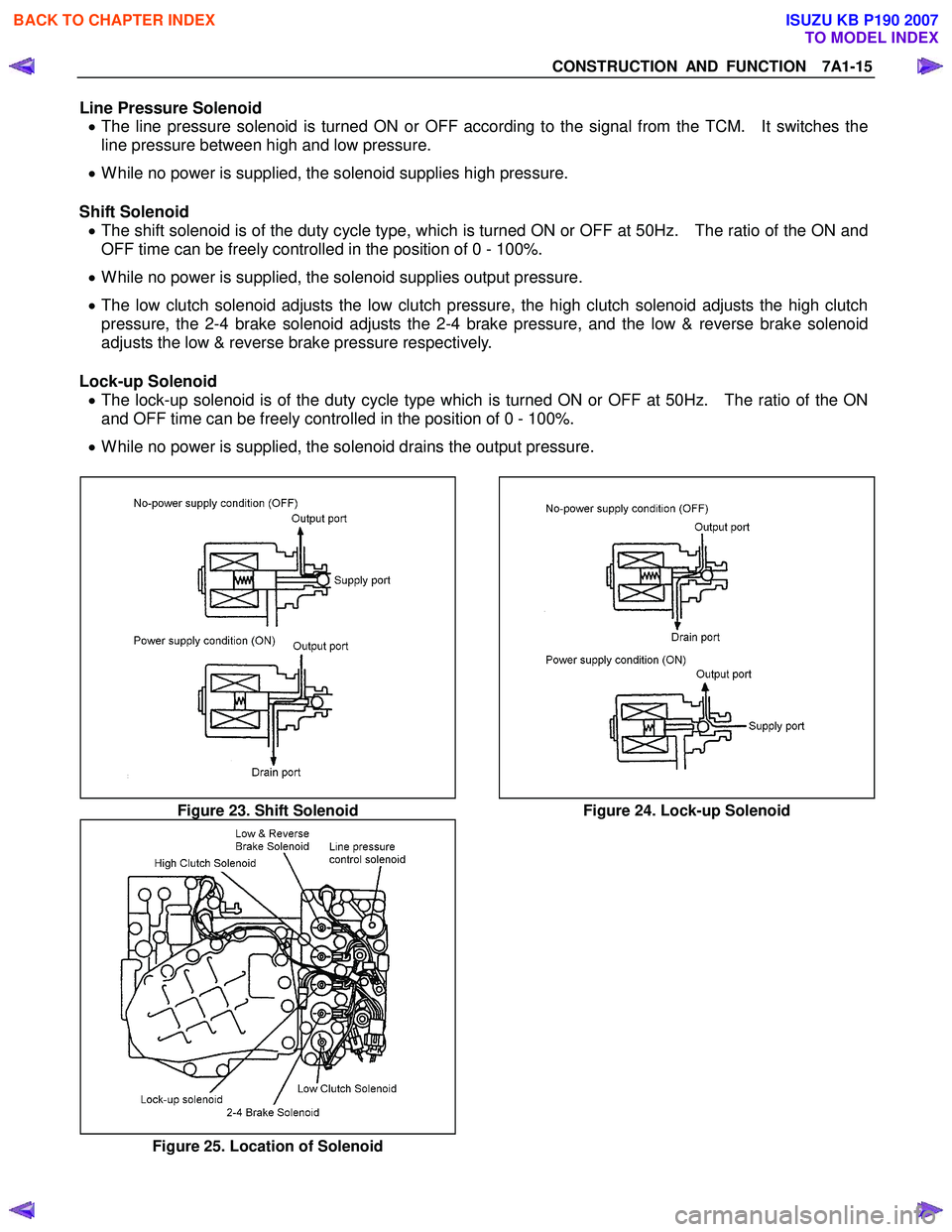 ISUZU KB P190 2007 Workshop Repair Manual CONSTRUCTION AND FUNCTION 7A1-15
Line Pressure Solenoid • The line pressure solenoid is turned ON or OFF according to the signal from the TCM. It switches the
line pressure between high and ISUZU KB P190 2007 Workshop Repair Manual CONSTRUCTION AND FUNCTION 7A1-15
Line Pressure Solenoid • The line pressure solenoid is turned ON or OFF according to the signal from the TCM. It switches the
line pressure between high and