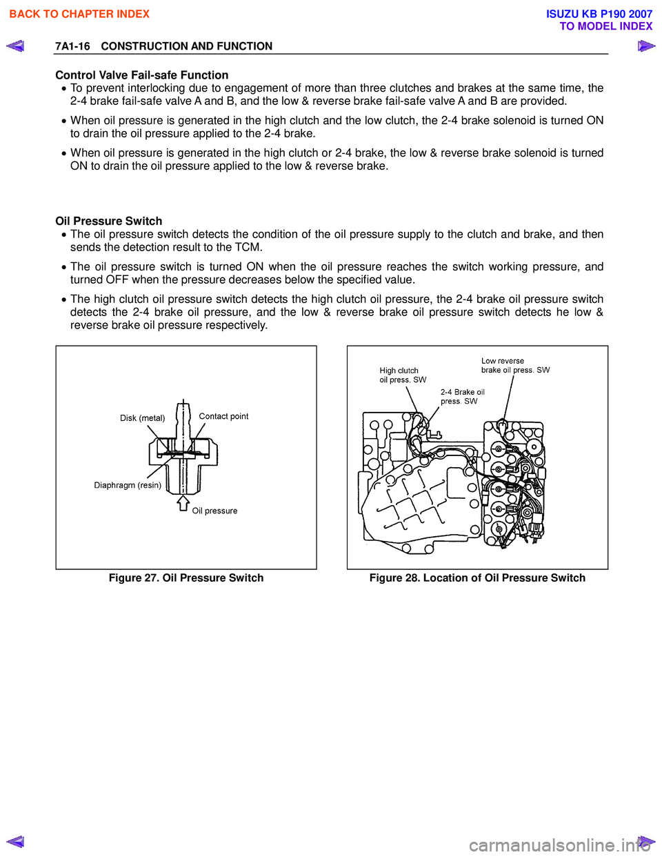 ISUZU KB P190 2007 Workshop Repair Manual 7A1-16 CONSTRUCTION AND FUNCTION
Control Valve Fail-safe Function • To prevent interlocking due to engagement of more than three clutches and brakes at the same time, the
2-4 brake fail-safe valv ISUZU KB P190 2007 Workshop Repair Manual 7A1-16 CONSTRUCTION AND FUNCTION
Control Valve Fail-safe Function • To prevent interlocking due to engagement of more than three clutches and brakes at the same time, the
2-4 brake fail-safe valv