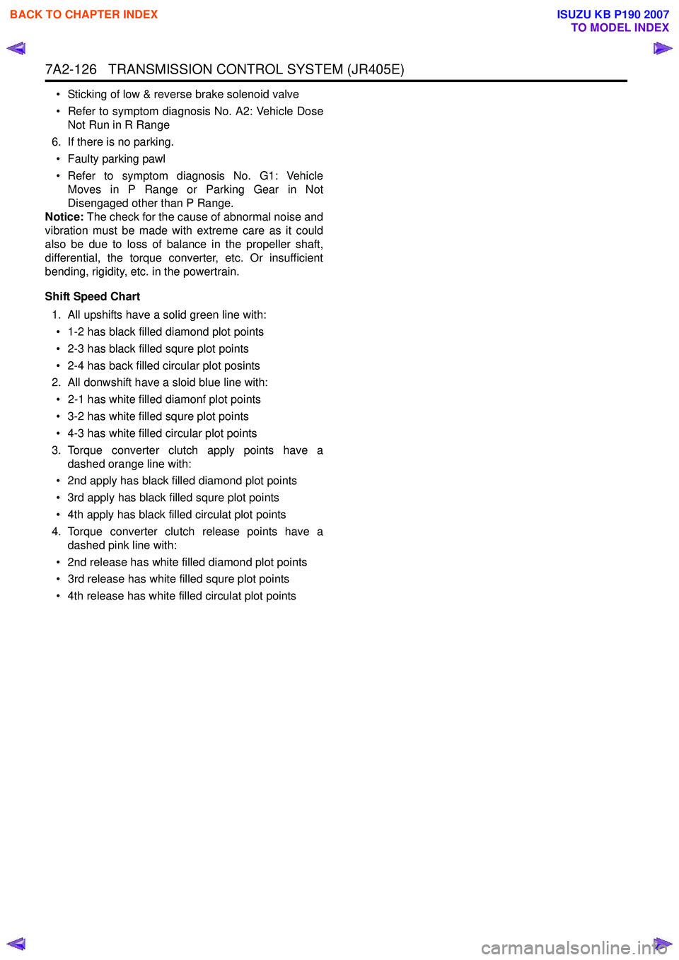 ISUZU KB P190 2007  Workshop Repair Manual 7A2-126   TRANSMISSION CONTROL SYSTEM (JR405E)
• Sticking of low & reverse brake solenoid valve 
• Refer to symptom diagnosis No. A2: Vehicle Dose Not Run in R Range
6. If there is no parking. •