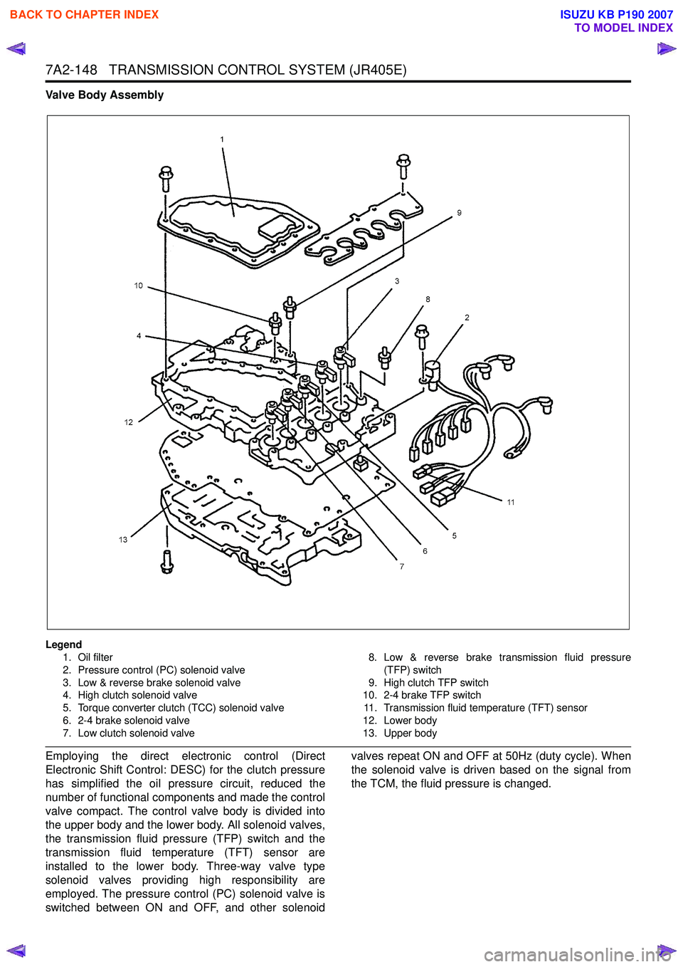 ISUZU KB P190 2007 Workshop Repair Manual 7A2-148 TRANSMISSION CONTROL SYSTEM (JR405E)
Valve Body Assembly
Legend1. Oil filter
2. Pressure control (PC) solenoid valve
3. Low & reverse brake solenoid valve
4. High clutch solenoid valve
5. ISUZU KB P190 2007 Workshop Repair Manual 7A2-148 TRANSMISSION CONTROL SYSTEM (JR405E)
Valve Body Assembly
Legend1. Oil filter
2. Pressure control (PC) solenoid valve
3. Low & reverse brake solenoid valve
4. High clutch solenoid valve
5.