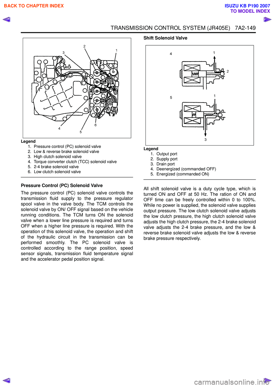 ISUZU KB P190 2007 Workshop Repair Manual TRANSMISSION CONTROL SYSTEM (JR405E) 7A2-149
Legend1. Pressure control (PC) solenoid valve
2. Low & reverse brake solenoid valve
3. High clutch solenoid valve
4. Torque converter clutch (TCC) sol ISUZU KB P190 2007 Workshop Repair Manual TRANSMISSION CONTROL SYSTEM (JR405E) 7A2-149
Legend1. Pressure control (PC) solenoid valve
2. Low & reverse brake solenoid valve
3. High clutch solenoid valve
4. Torque converter clutch (TCC) sol
