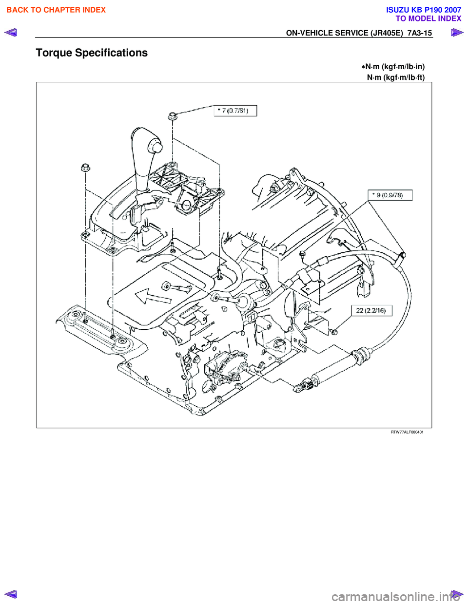 ISUZU KB P190 2007  Workshop Repair Manual ON-VEHICLE SERVICE (JR405E)  7A3-15 
Torque Specifications 
∗
∗∗ 
∗
N ⋅
⋅⋅
⋅
m (kgf ⋅
⋅⋅
⋅
m/lb ⋅
⋅⋅
⋅
in) 
N ⋅
⋅⋅
⋅
m (kgf ⋅
⋅⋅
⋅
m/lb ⋅
⋅⋅
⋅
f