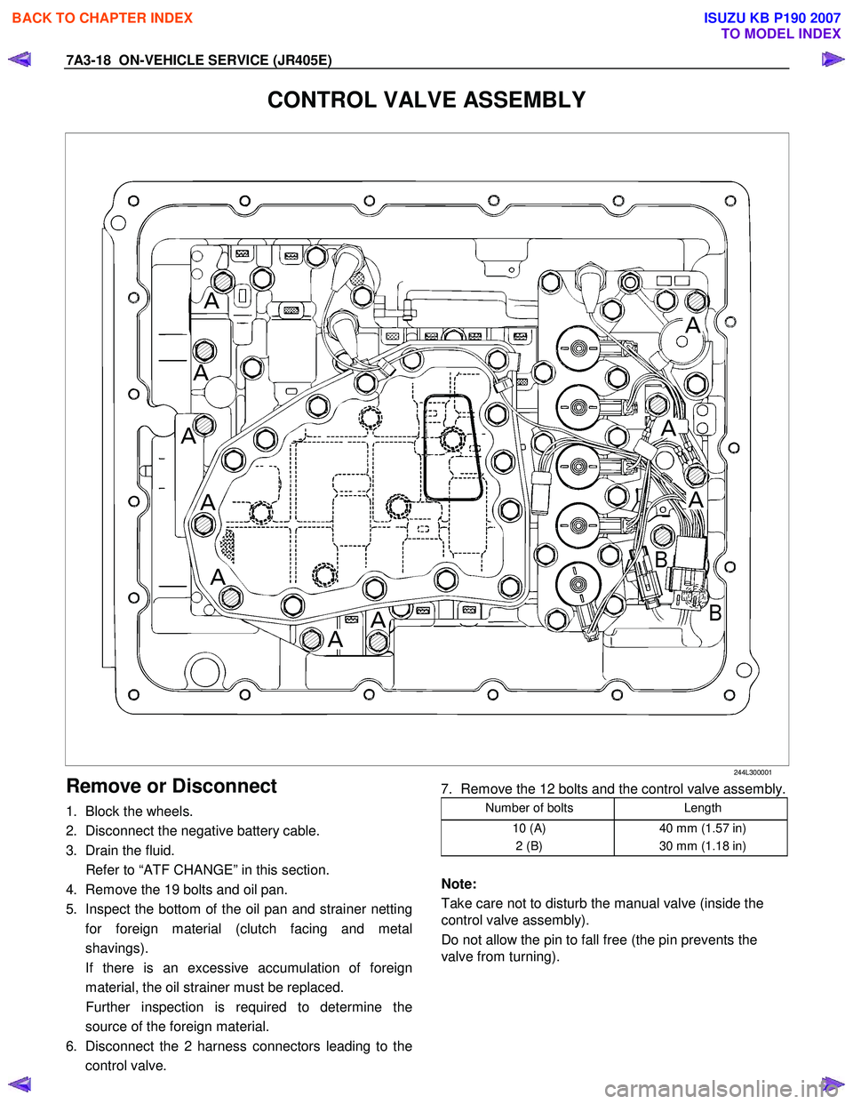ISUZU KB P190 2007  Workshop Repair Manual 7A3-18  ON-VEHICLE SERVICE (JR405E) 
CONTROL VALVE ASSEMBLY 
 244L300001 
Remove or Disconnect 
1.  Block the wheels.  
2.  Disconnect the negative battery cable. 
3.  Drain the fluid. 
  Refer to “