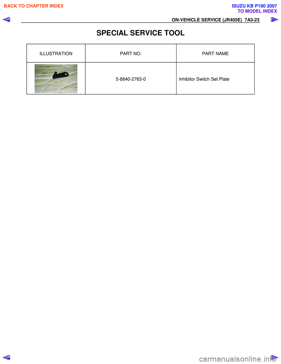 ISUZU KB P190 2007  Workshop Repair Manual ON-VEHICLE SERVICE (JR405E)  7A3-23 
SPECIAL SERVICE TOOL 
ILLUSTRATION PART NO.  PART NAME 
   
 
5-8840-2763-0     
 
Inhibitor Switch Set Plate 
  
 
BACK TO CHAPTER INDEX
TO MODEL INDEX
ISUZU KB P