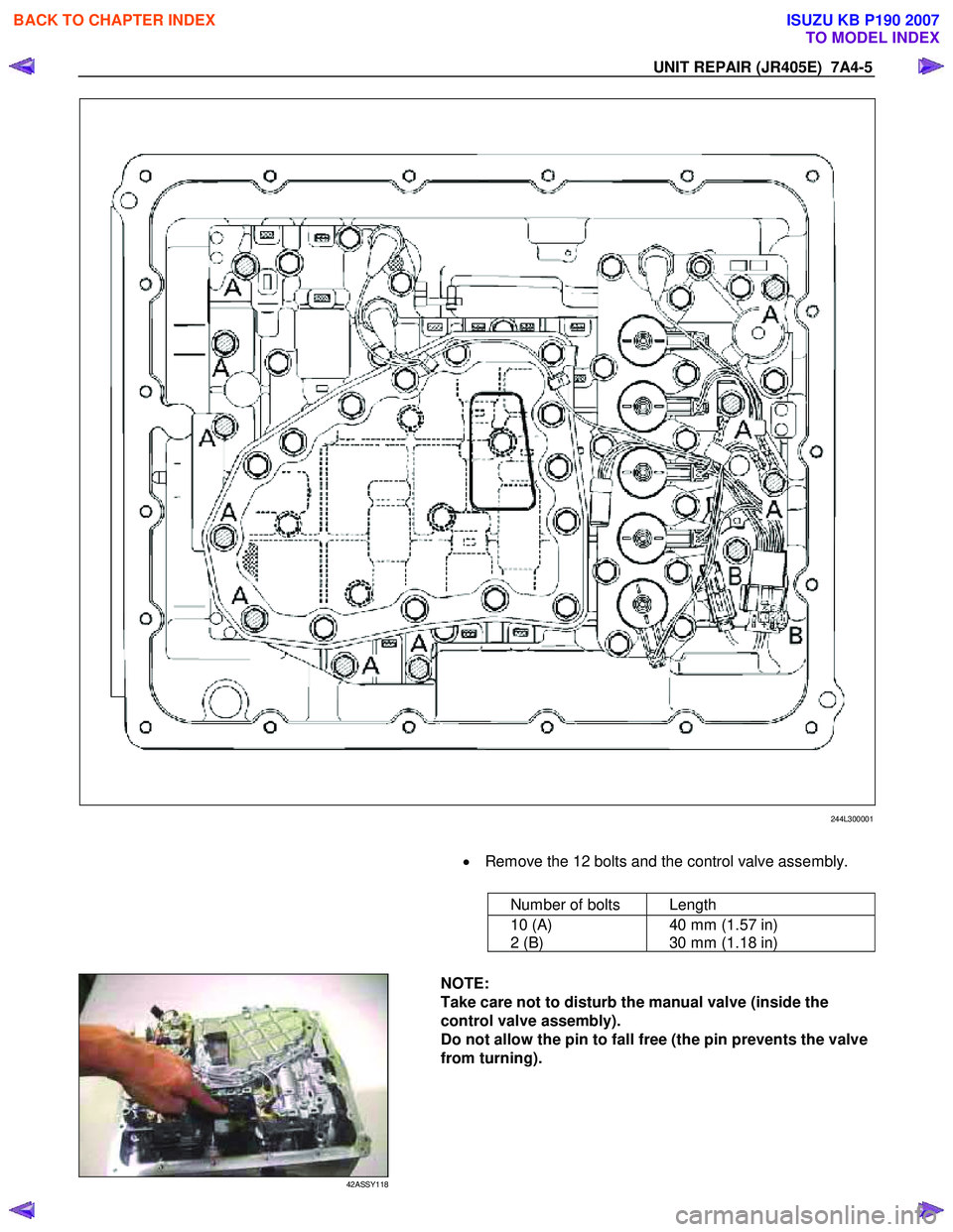 ISUZU KB P190 2007  Workshop Repair Manual UNIT REPAIR (JR405E)  7A4-5 
 
244L300001 
    
  •
  Remove the 12 bolts and the control valve assembly. 
 
   Number of bolts  Length 
  10 (A) 
2 (B)  40 mm (1.57 in)  
30 mm (1.18 in) 
 
   
 
4