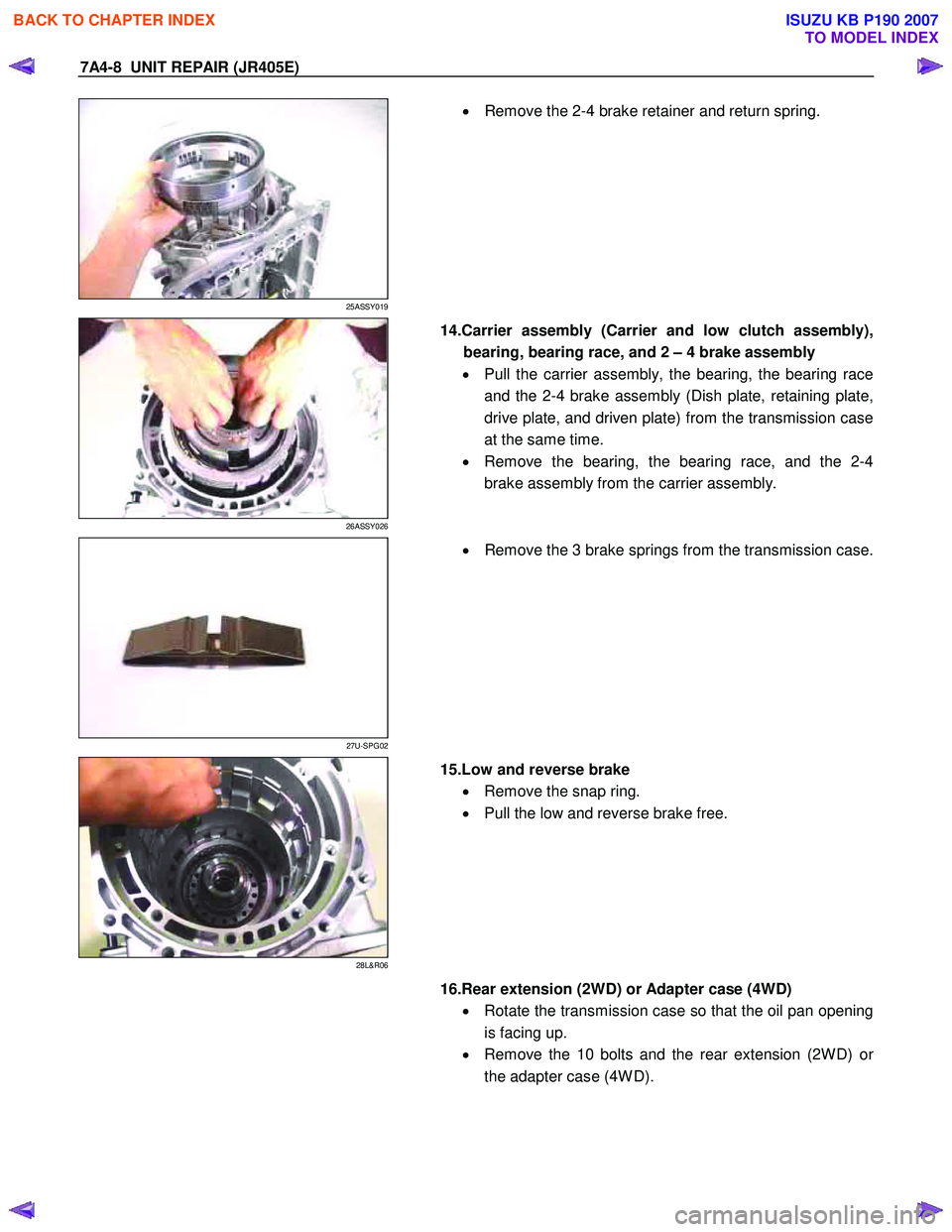 ISUZU KB P190 2007  Workshop Repair Manual 7A4-8  UNIT REPAIR (JR405E) 
 
25ASSY019 
  
  •
  Remove the 2-4 brake retainer and return spring. 
  
 
 
26ASSY026 
  
  14.Carrier assembly (Carrier and low clutch assembly),
bearing, bearing ra