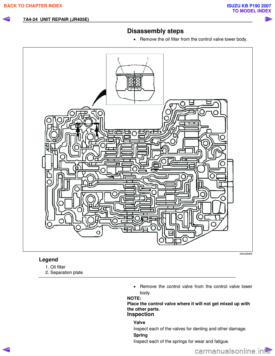 ISUZU KB P190 2007  Workshop Repair Manual 7A4-24  UNIT REPAIR (JR405E) 
  Disassembly steps 
•  Remove the oil filter from the control valve lower body. 
 
 244L300009 
Legend 
  1. Oil filter  
  2. Separation plate   
 
 
   
  •
  Remo
