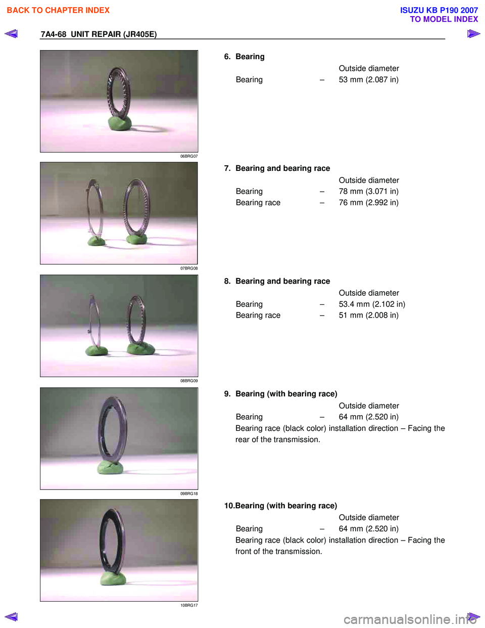 ISUZU KB P190 2007  Workshop Repair Manual 7A4-68  UNIT REPAIR (JR405E) 
6. Bearing 
   Outside diameter   
Bearing   –  53 mm (2.087 in)    
06BRG07 
  
 
  
 
  
7.  Bearing and bearing race  
   Outside diameter   
Bearing   –  78 mm (3
