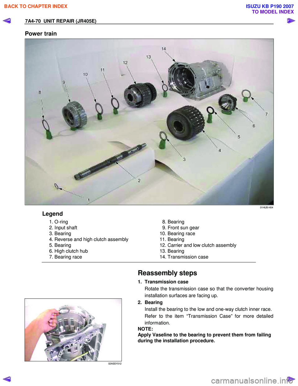 ISUZU KB P190 2007  Workshop Repair Manual 7A4-70  UNIT REPAIR (JR405E) 
Power train 
 01HUB-H04 
Legend 
 1. O-ring  
  2. Input shaft 
 3. Bearing 
  4. Reverse and high clutch assembly 
 5. Bearing 
  6. High clutch hub 
  7. Bearing race  