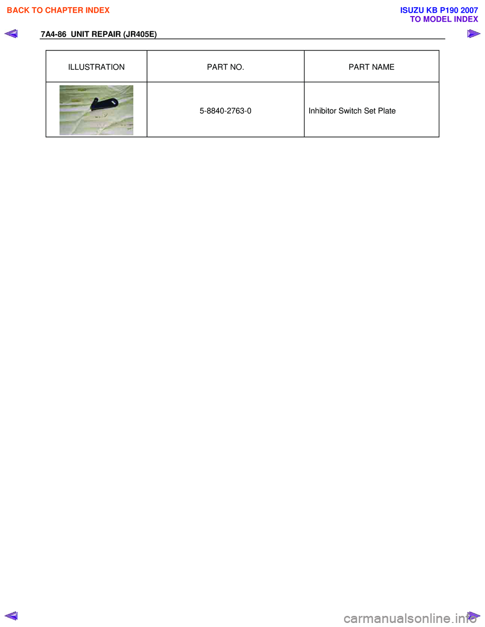 ISUZU KB P190 2007  Workshop Repair Manual 7A4-86  UNIT REPAIR (JR405E) 
ILLUSTRATION PART NO.  PART NAME 
   
 
5-8840-2763-0     
 
Inhibitor Switch Set Plate 
 
 
BACK TO CHAPTER INDEX
TO MODEL INDEX
ISUZU KB P190 2007 