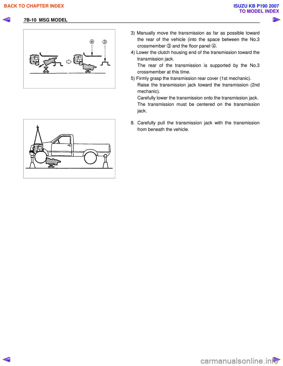 ISUZU KB P190 2007  Workshop Repair Manual 7B-10  MSG MODEL 
 
 
   
3) Manually move the transmission as far as possible toward
the rear of the vehicle (into the space between the No.3  
crossmember 
3 and the floor panel 4 . 
4) Lower the cl