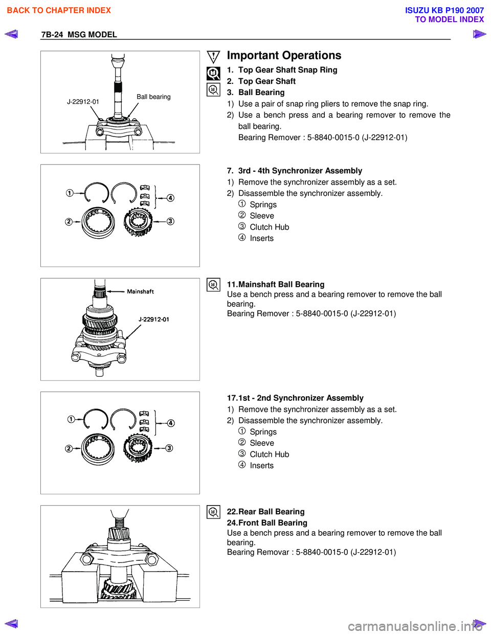 ISUZU KB P190 2007  Workshop Repair Manual 7B-24  MSG MODEL 
 
 
Ball bearing J-22912-01 
 
 
Important Operations 
1.  Top Gear Shaft Snap Ring  
2.  Top Gear Shaft 
3. Ball Bearing 
1)  Use a pair of snap ring pliers to remove the snap ring.