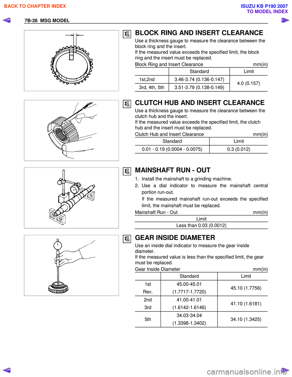 ISUZU KB P190 2007  Workshop Repair Manual 7B-26  MSG MODEL 
 
 
 
 
BLOCK RING AND INSERT CLEARANCE 
Use a thickness gauge to measure the clearance between the  
block ring and the insert. 
If the measured value exceeds the specified limit, t
