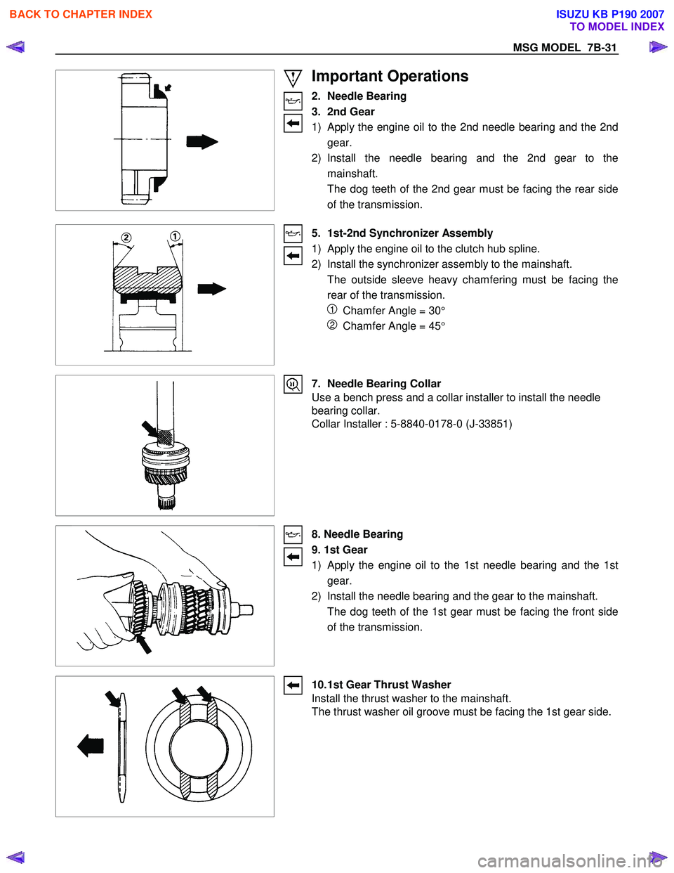 ISUZU KB P190 2007  Workshop Repair Manual MSG MODEL  7B-31 
 
 
 
 
Important Operations 
2. Needle Bearing  
3. 2nd Gear 
1)  Apply the engine oil to the 2nd needle bearing and the 2nd  gear. 
2) Install the needle bearing and the 2nd gear t