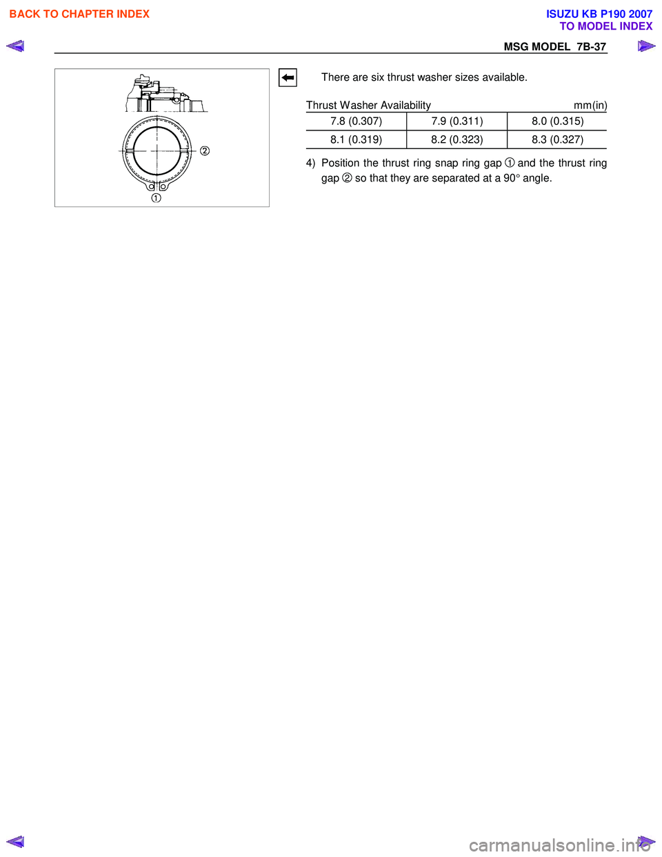 ISUZU KB P190 2007  Workshop Repair Manual MSG MODEL  7B-37 
 
 
 
 There are six thrust washer sizes available. 
  
Thrust W asher Availability  mm(in)
7.8 (0.307) 7.9 (0.311) 8.0 (0.315)
8.1 (0.319) 8.2 (0.323) 8.3 (0.327)
4)  Position the t