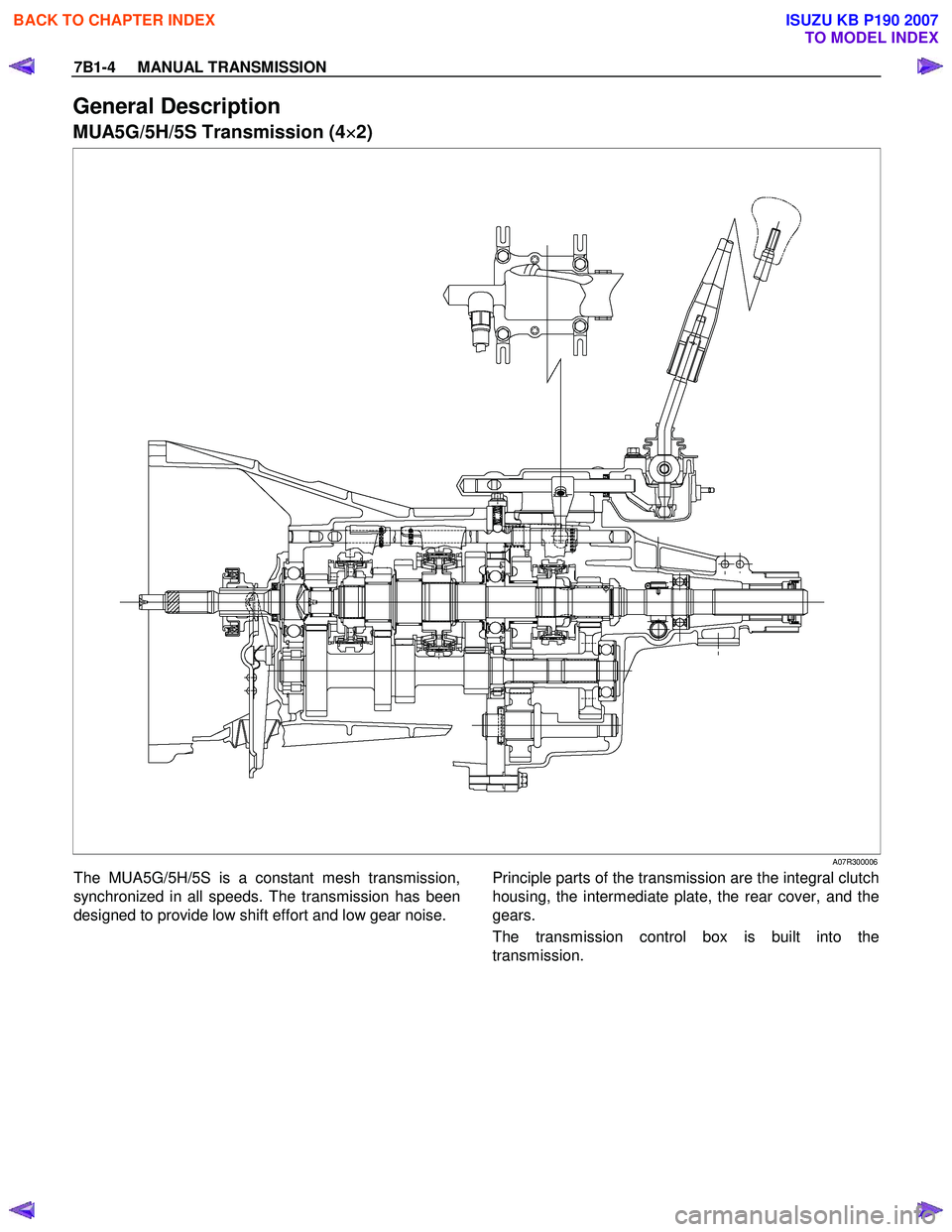 ISUZU KB P190 2007  Workshop Repair Manual 7B1-4     MANUAL TRANSMISSION 
General Description 
MUA5G/5H/5S Transmission (4×
×× 
×
2) 
 A07R300006 
The MUA5G/5H/5S is a constant mesh transmission, 
synchronized in all speeds. The transmissi