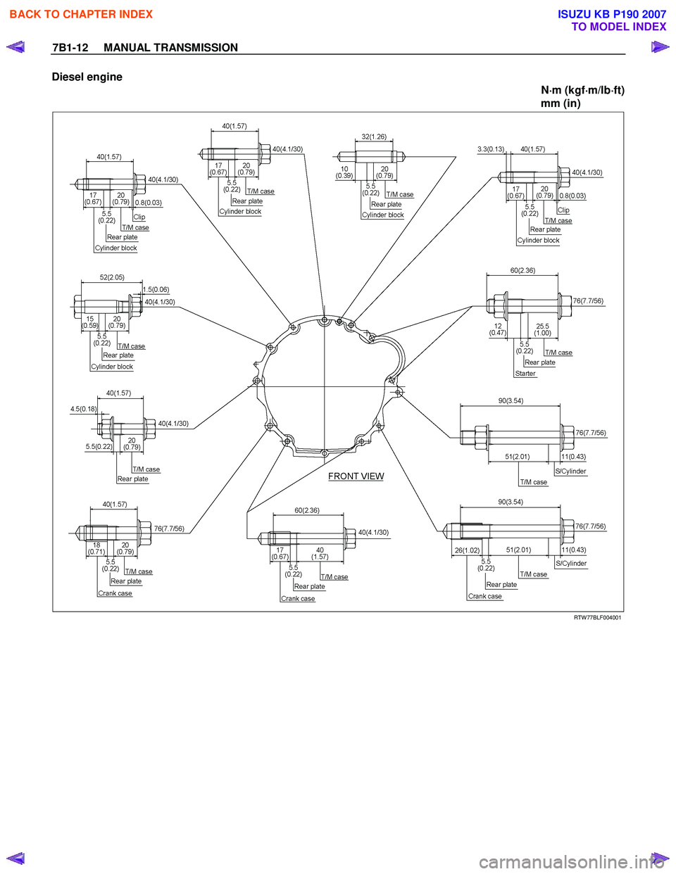 ISUZU KB P190 2007  Workshop Repair Manual 7B1-12     MANUAL TRANSMISSION 
Diesel engine 
N⋅
⋅⋅ 
⋅
m (kgf ⋅
⋅⋅
⋅
m/lb ⋅
⋅⋅
⋅
ft) 
  mm (in) 
 
   
RTW 77BLF004001 
 
BACK TO CHAPTER INDEX
TO MODEL INDEX
ISUZU KB P190 20