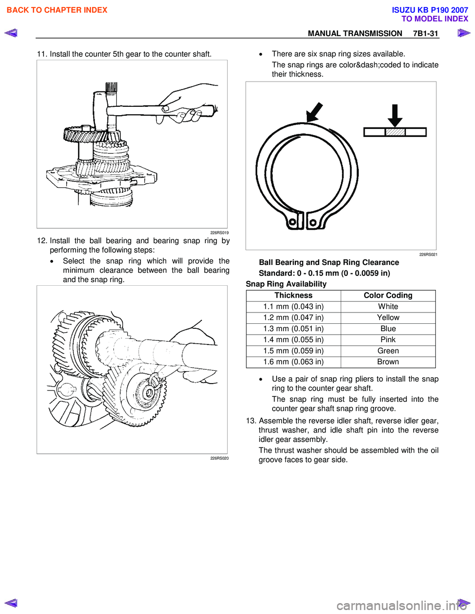 ISUZU KB P190 2007 Workshop Repair Manual MANUAL TRANSMISSION 7B1-31
11. Install the counter 5th gear to the counter shaft.
226RS019
12. Install the ball bearing and bearing snap ring by
performing the following steps:
• S ISUZU KB P190 2007 Workshop Repair Manual MANUAL TRANSMISSION 7B1-31
11. Install the counter 5th gear to the counter shaft.
226RS019
12. Install the ball bearing and bearing snap ring by
performing the following steps:
• S