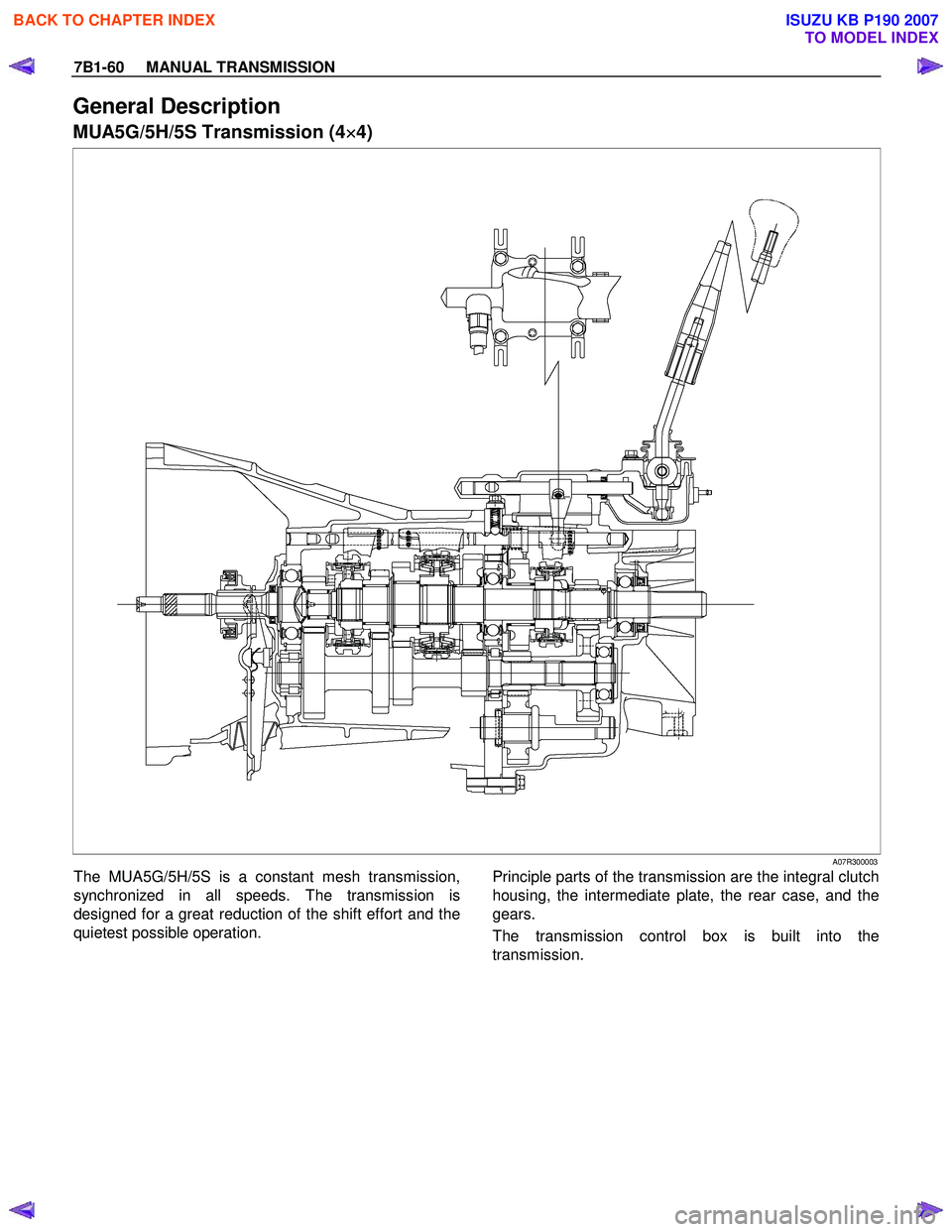 ISUZU KB P190 2007  Workshop Repair Manual 7B1-60     MANUAL TRANSMISSION 
General Description 
MUA5G/5H/5S Transmission (4×
×× 
×
4) 
 A07R300003 
The MUA5G/5H/5S is a constant mesh transmission, 
synchronized in all speeds. The transmiss