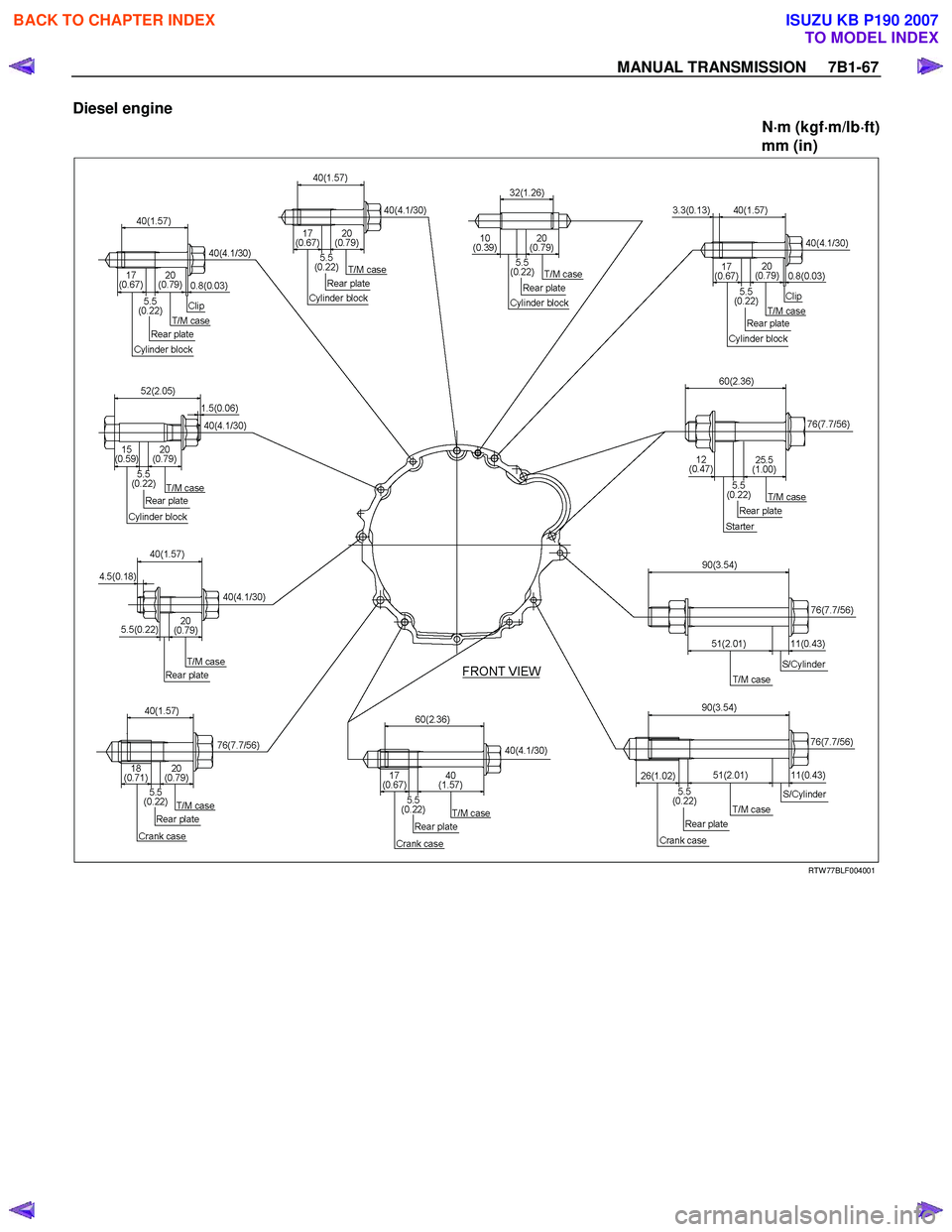 ISUZU KB P190 2007 Workshop Repair Manual MANUAL TRANSMISSION 7B1-67
Diesel engine
N⋅
⋅⋅
⋅
m (kgf ⋅
⋅⋅
⋅
m/lb ⋅
⋅⋅
⋅
ft)
mm (in)
RTW 77BLF004001
BACK TO CHAPTER INDEX
TO MODEL INDEX
ISUZU KB P190 20 ISUZU KB P190 2007 Workshop Repair Manual MANUAL TRANSMISSION 7B1-67
Diesel engine
N⋅
⋅⋅
⋅
m (kgf ⋅
⋅⋅
⋅
m/lb ⋅
⋅⋅
⋅
ft)
mm (in)
RTW 77BLF004001
BACK TO CHAPTER INDEX
TO MODEL INDEX
ISUZU KB P190 20