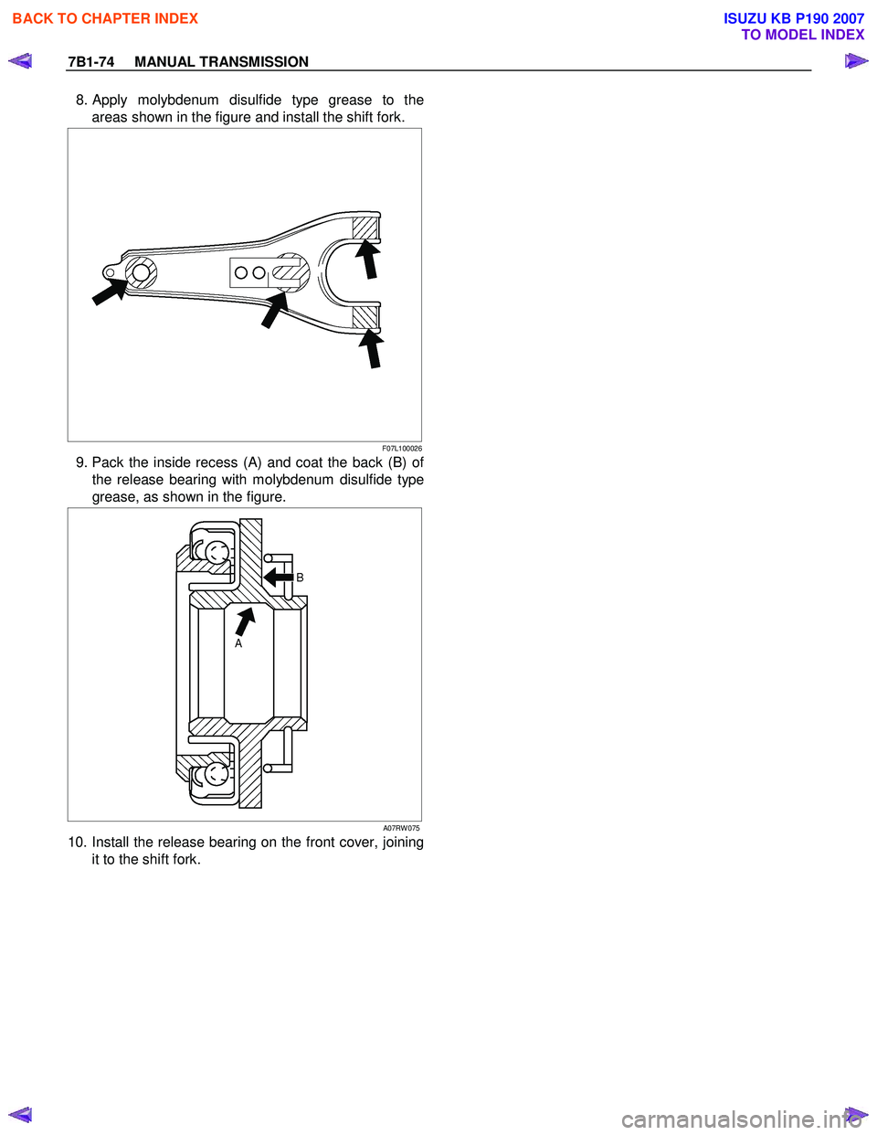 ISUZU KB P190 2007 Workshop Repair Manual 7B1-74 MANUAL TRANSMISSION
8. Apply molybdenum disulfide type grease to the
areas shown in the figure and install the shift fork.
F07L100026
9. Pack the inside recess (A) and coat the back ( ISUZU KB P190 2007 Workshop Repair Manual 7B1-74 MANUAL TRANSMISSION
8. Apply molybdenum disulfide type grease to the
areas shown in the figure and install the shift fork.
F07L100026
9. Pack the inside recess (A) and coat the back (